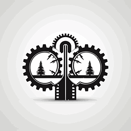 create a logo with a gear in the middle and two gates surrounding it, mirror images of each other, simple, vector, black and white