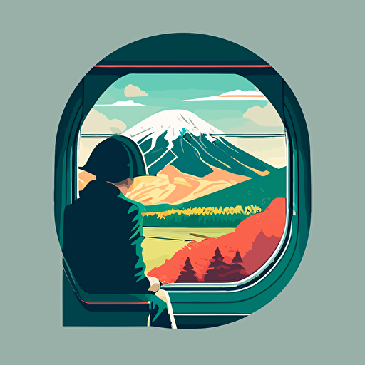 Inspired by the famous Japanese bullet train (Shinkansen), create a vector illustration of Satoshi Nakamoto traveling on the Shinkansen, admiring the beautiful landscapes passing by outside the window. Set the scene during a relaxing journey through the countryside.