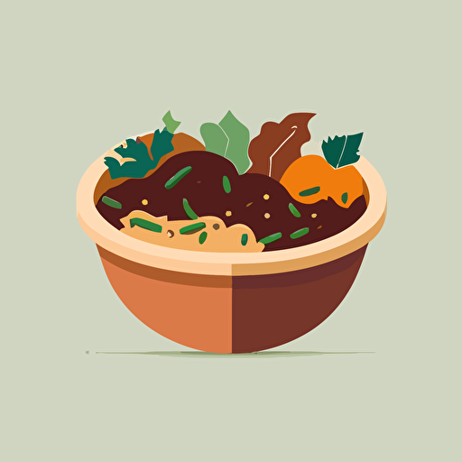 cute and minimalist compost bowl, vector, simple, green and brown, vegetable peels, 2d, minimal