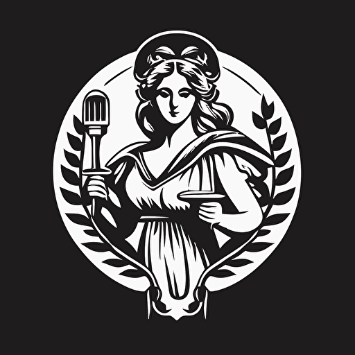 crest logo of Lady Justice holding a spoon and a fork in her hands, in the style of victorian illustration, 2d, flat, black and white vector
