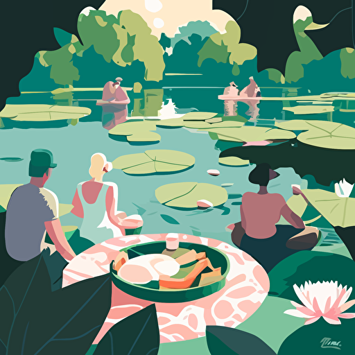 Inspired by Claude Monet's Impressionism, create a vector illustration of a peaceful pond with water lilies, surrounded by people enjoying a picnic on a sunny day. Use simple shapes and soft colors to evoke the atmosphere.