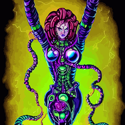 perfectly centered vibrant portrait illustration beautiful intimidating puzzled looking nebulapunk cyberpunk medusa symmetrical facial features accurately symmetrically drawn body style epic golden age sci fi comic book cover awesome pose wearing cool cyberpunk outfit lots large ravepunk bio luminiscent snakes hair tall cybernetic tower lots glowing buttons super highly detailed professional intricate professionally hdr digital artwork rpg portrait digital airbrush painting extreme illustration concept art smooth maximalist dreamscape rococo surreal dark art cosmic horror lovecraftian style aetherpunk cinematic hyperdetailed hyperrealistic enchanting otherworldly arthouse sinister mood cosplay sense awe exquisite award winning picture glowing rich colors ethereal backlight background 300 dpi 8k resolution hd quality cinema 4d 3d 3d final render 3d shading unreal 5 octane render 3d rim light dynamic lighting atmospheric lighting iridiscent background accents golden ratio psychedelic highlights dramatic shadows anamorphic lens sharp focus trending gsociety trending artstationhq trending deviantart neon noir bokeh professionally post processed wide angle action dynamic portrait