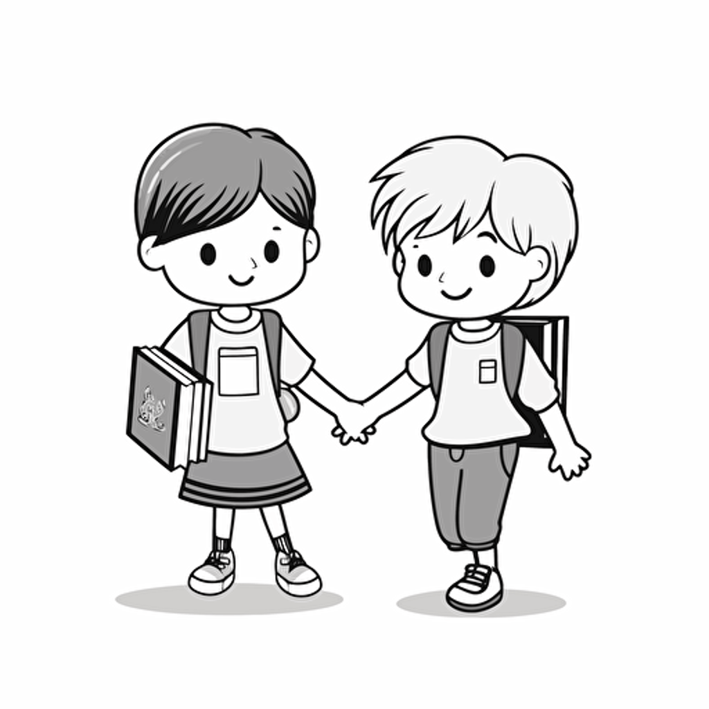 black on white no shading vector of cute boy and girl 4 years of age holding hands with school books