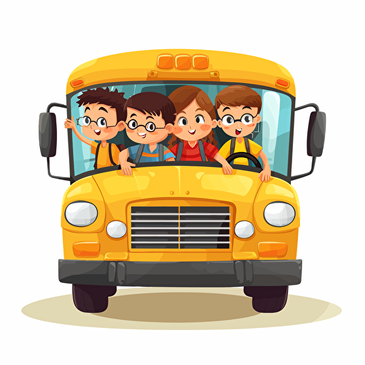 illustrative vector cartoon of kids with Down Syndrom riding a short yellow school bus. white background