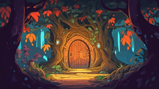 Cozy fantasy portal surrounded by Large curved wooden doorframe with portal leading to other dimension in daytime, close up, with colorful flowers and trees with leaves blowing through the doorway. Vector illustration. 2D hand drawn cartoon animation style with bright colors.