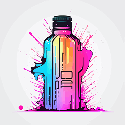 Logo with thin pure black outline, pure color bands, glitch matrix, Brian Eno, synthwave, cyberpunk inspired, white background, colorful, cel-shaded potion bottle in cyberpunk style, prop design, contour, vector art