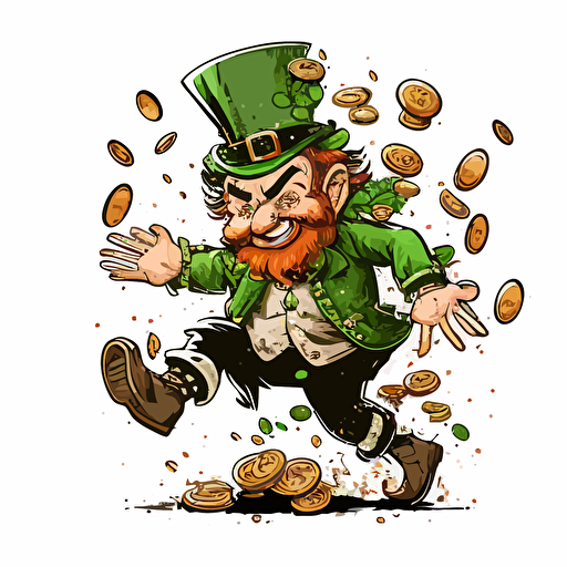 funny Leprechaun making it rain money, vector logo, vector art, 2d, cartoon, white background