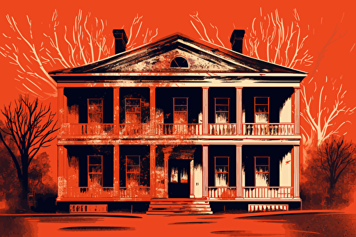 louisiana colonial house engulfed in flames, front view, vector, gritty, detailed, red background,