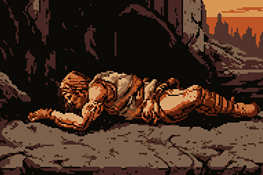 Close up shot of a defeated warrior lying on stone floor made by Paul Gustaf Dore. Retro 90s box art, vector style, inking, pixel art, wounded, bleak, horror, high detail, less warm colors,
