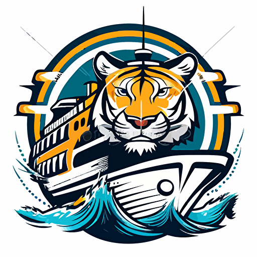 a mascot logo of a cruise ship sailing toward you with a tiger on board looking out, simple, vector