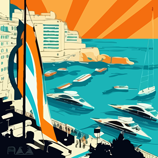 simple vector illustration of the hairpin corner at Monaco, the sea is in the background. There are yachts in the harbour. Blue and orange colours only, simple, uncluttered
