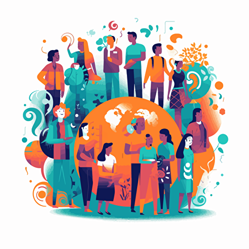 flat modern vector image of people learning a language, complemenatry colours, bright orange and purple and teal, high resolution, white background, rounded edges, detailed