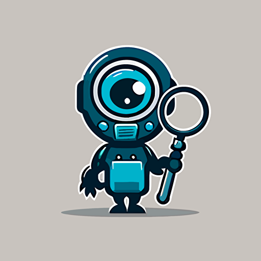 a mascot logo of a robot under a magnifying glass, simple, blue and dark gray, cartoony, vector