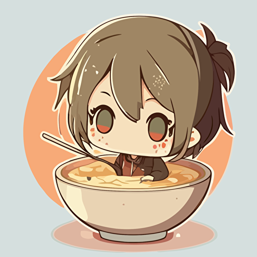 anime girl sitting in a bowl of miso soup, 2d, vector art, cute, chibi