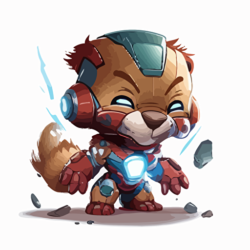 A saturated colorfull baby fur iron man, goofy looking, smiling, white background, vector art , pixar style