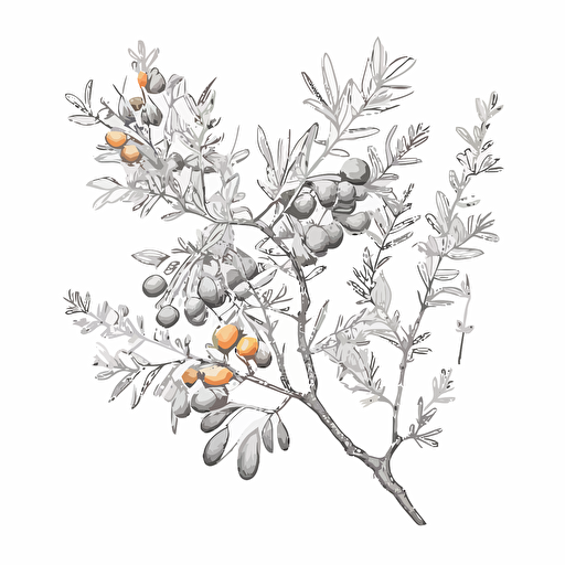 Hippophae, twig botanical drawing, vector, simple clean, 3 color, grayscale, white background