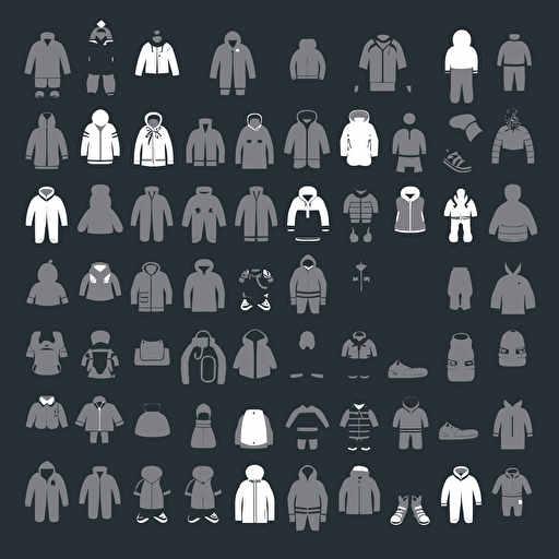 A set of 30 different pictograms consisting of: a pair of shoes, a bagpack, pants, jacket, a beanie, gloves. The collection is meant to be easy to understand with easy shapes. Targetgroup: Kids age 3 to 7, gender-neutral. Specifications of image: Vector-art in 2D. No colors. Black and white only.