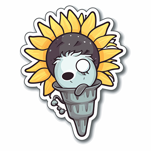 a sticker that shows a cute creature 2d cartoon that looks like a sunflower, eating an ice cream, in black and white vector