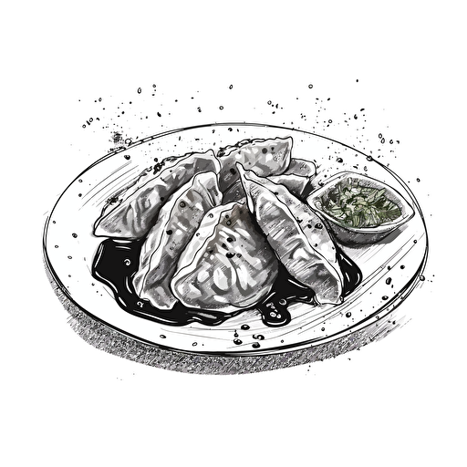 gyoza dish, black and white, vector art, white background