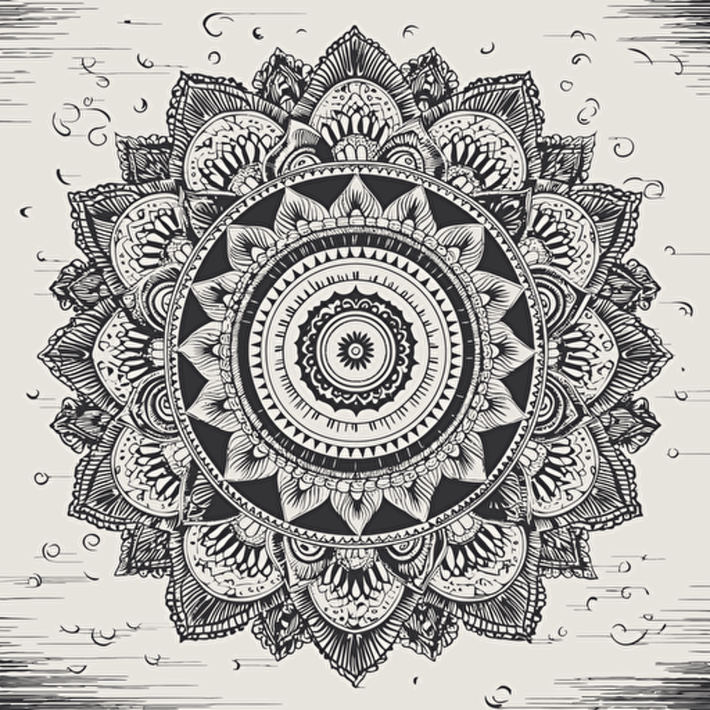 Create a intricate black and white mandala design in vector format that is suitable for coloring. The mandala should consist of multiple layers and intricate details, such as intricate patterns, intricate shapes, and intricate textures. The design should be balanced and symmetrical, with a central point that draws the eye. The use of negative space is also important, as it adds depth and dimension to the design. The end result should be a beautiful and detailed mandala that is both relaxing and challenging to color. 6144x6144