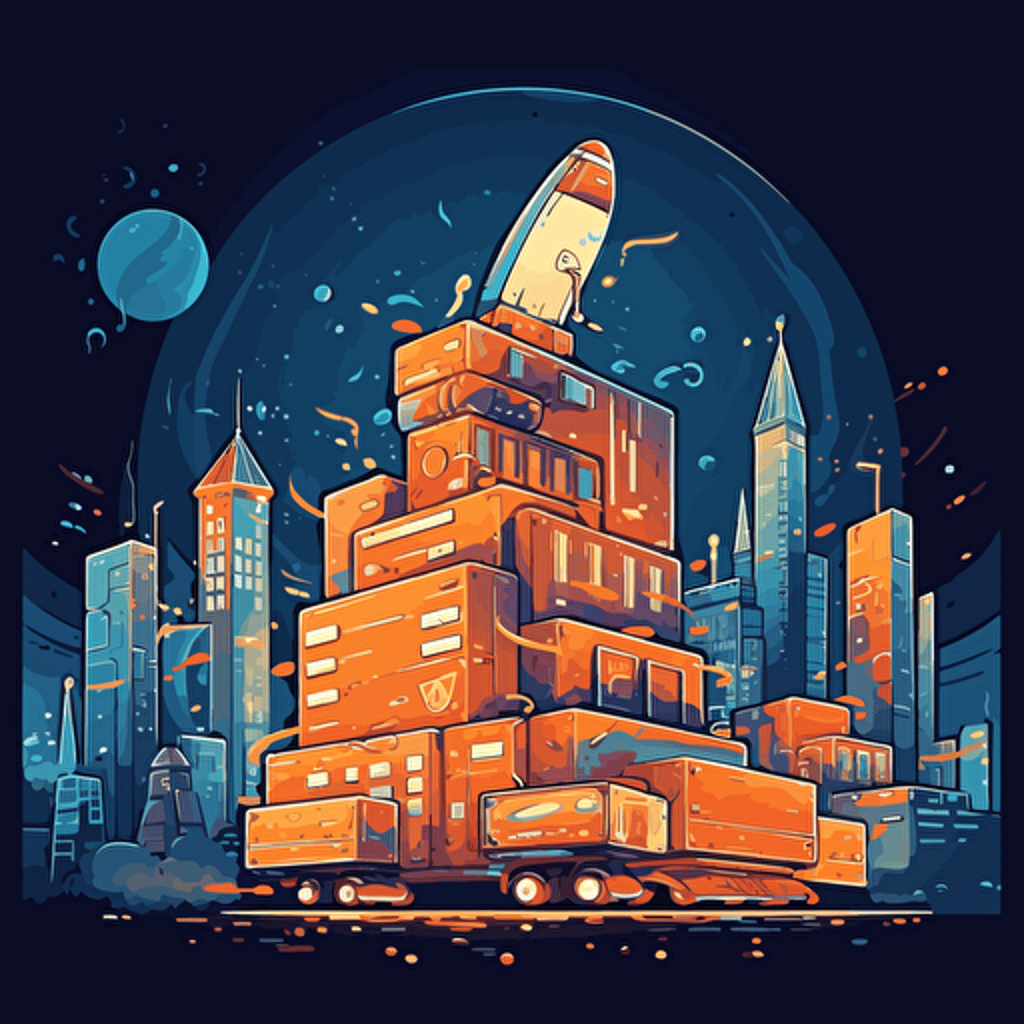 animated image of a spaceship pulling boxes out of a city, vector art style, v