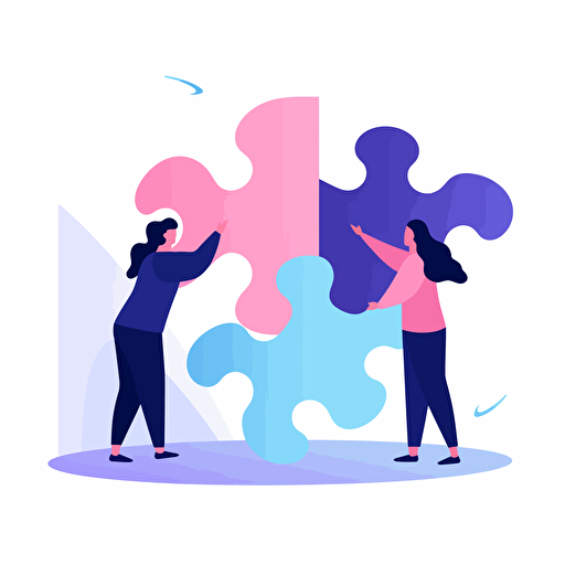 flat vector illustration depicting to people putting two fitting puzzle pieces together, use pink, purples and blues