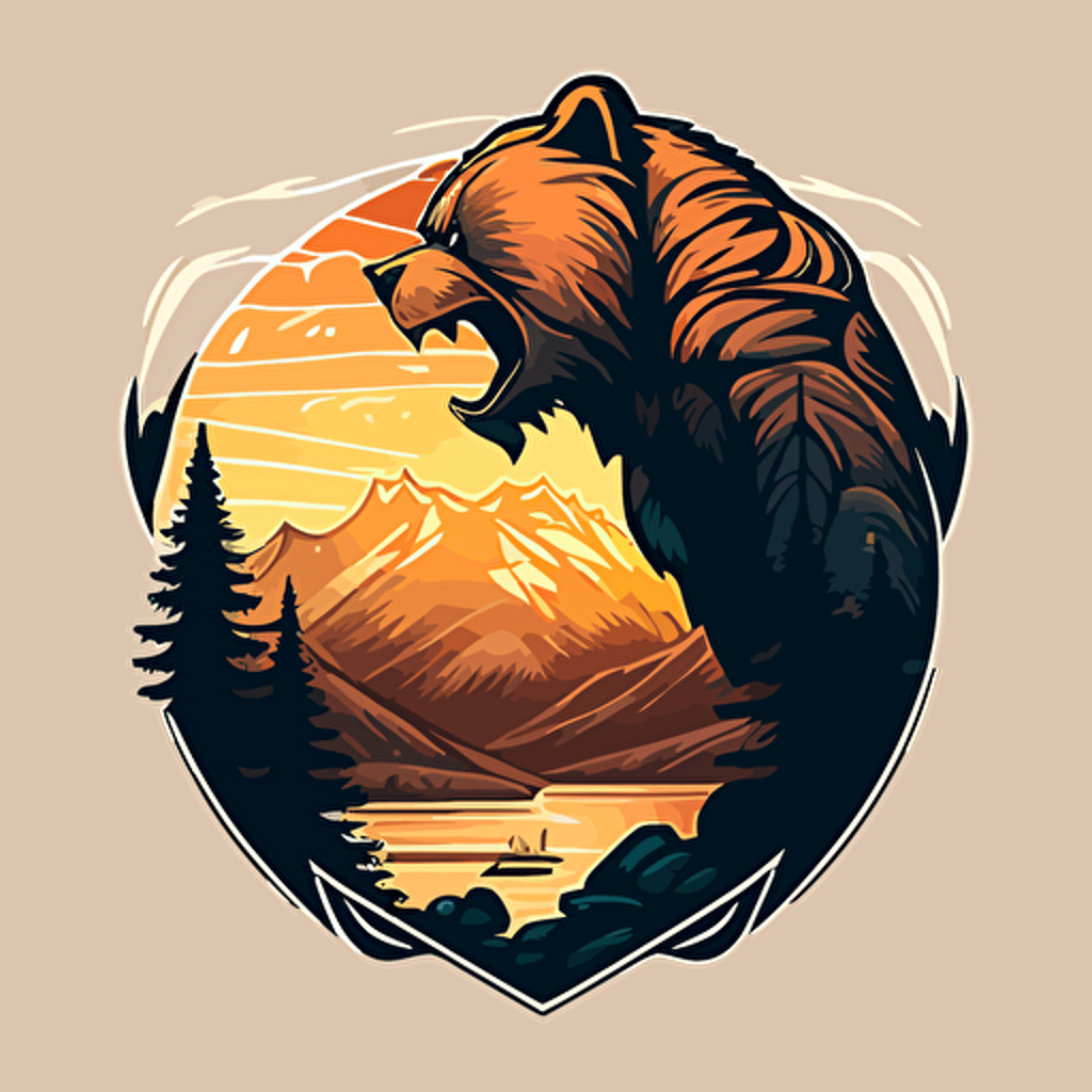 An_emblem_logo_for_a_angry_bear:: mountains in the background, color, vector, v 5