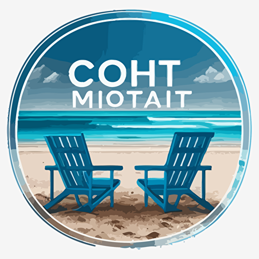 square vector blue and white logo for COHORT-19, a mental health and wellness company. with oceanic horizon. tranquil. 2 beach chairs. beach.