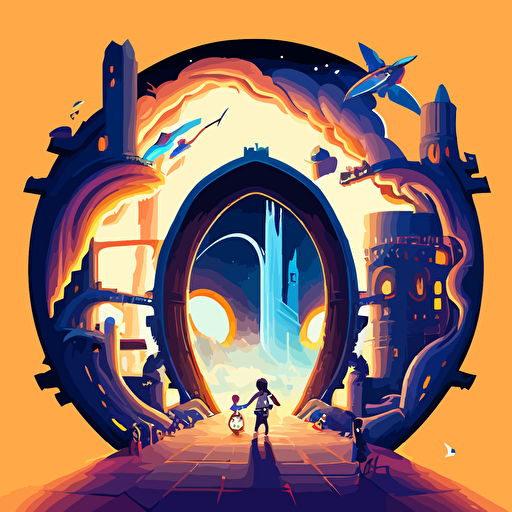 Vector art of a portal leading to a high tech futuristic city and children riding magical brooms entering the portal