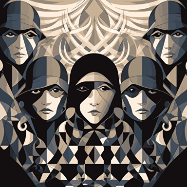 black ezquisite vector art, pop surrealism, hooded cabal of conspirators, in the style of Victor Vasarely, Olivier Coipel, Iris Compiet, highly detailed, James Gilleard, Genndy Tartakovsky, Tamara de Lempicka, insane detail