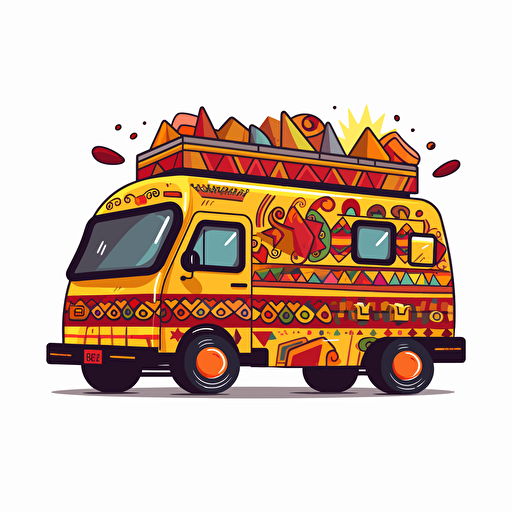 A Taco Food truck with aztec design, by Frida Kahlo style, vector, 2d