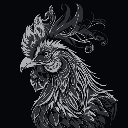 glamorous close up rooster in style of Eric Standley, flamboyant, black and white, flat, vector, line drawling, white background ar 1:1