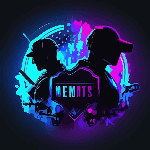 an emblem for an esports gaming tournament with two silhouettes of gamers, weapons, video games, neon, FPS, fortnite, among us, 1v1, youtube, twitch, mrbeast, silhouettes, flat, vector no photorealism, no faces