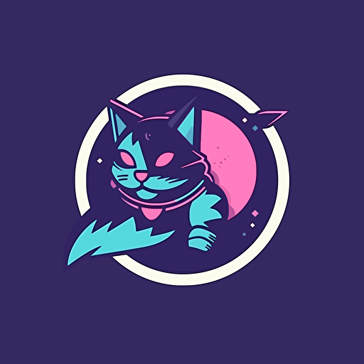 flat 2d vector logo of a space traveling batlle warrior cat, minimalist, purple and blue colors