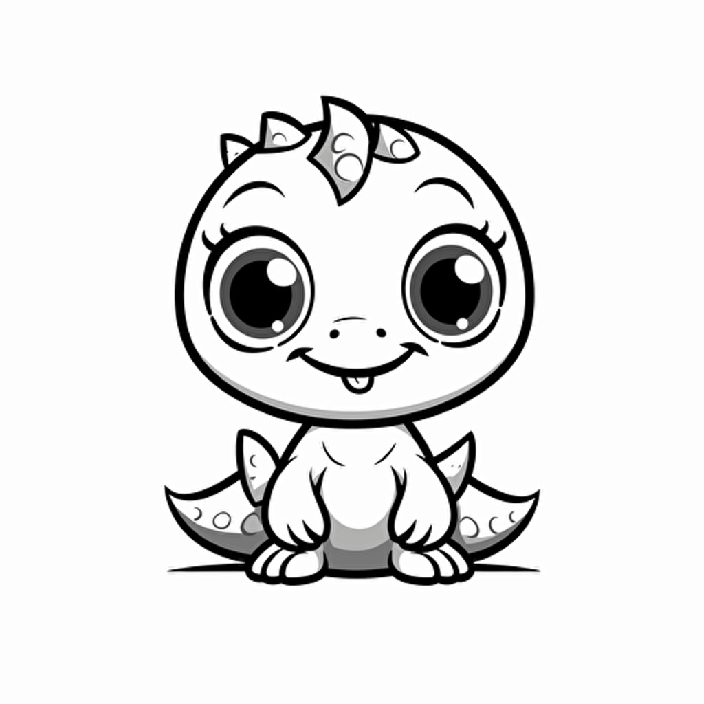 cute dino, big cute eyes, 2d, pixar style, vector, simple outline and shapes, coloring page, black and white outline, flat vector, white background