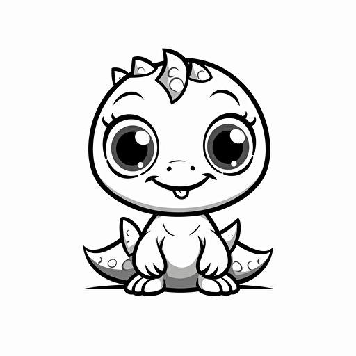 cute dino, big cute eyes, 2d, pixar style, vector, simple outline and shapes, coloring page, black and white outline, flat vector, white background