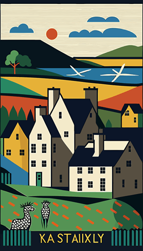 flat, vector, svg, pdf, village in Scotland, by Keith Haring, Wassily Kandinsky