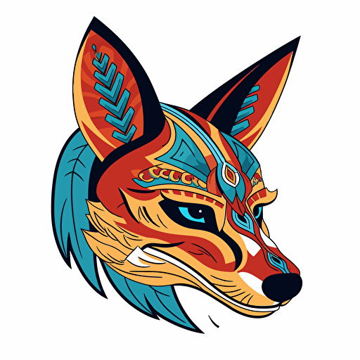 coyote kitsune mask illustration by tim lahan, side profile, flat colors, 2d vector art