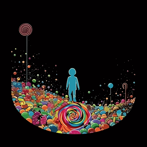 2d, vector quality, minimalistic, child exploring a world made of candy, on black background