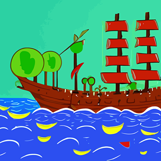pirate ship green fruit tree middle surrounded water bold complementary colours 2d matte storybook illustration