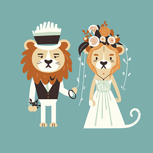Vector art of a girl lion dressed as a bride and a boy lion dressed as a groom, in the style of Britta Teckentrup illustrations