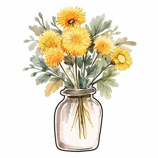 watercolor vector illustration boho dandelions in a vase sticker white background