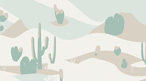 A minimalist top-down view of a white sand desert, dotted with distinct cacti, portrayed in a clean and modern vector illustration style. The scene should convey the vastness of the desert while showcasing the visually appealing patterns created by the cacti and sand. The color palette should consist of a harmonious blend of bright whites, soft blues, and muted greens. The composition should emphasize the abstract nature of the desert and cacti from the overhead viewpoint.