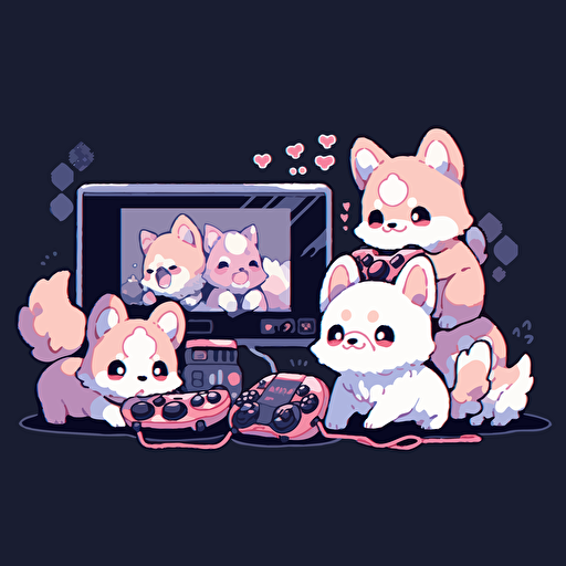 8 bit dogs playing video games, Sticker, Excited, Neon, Graffiti, Contour, Vector, White Background, Detailed