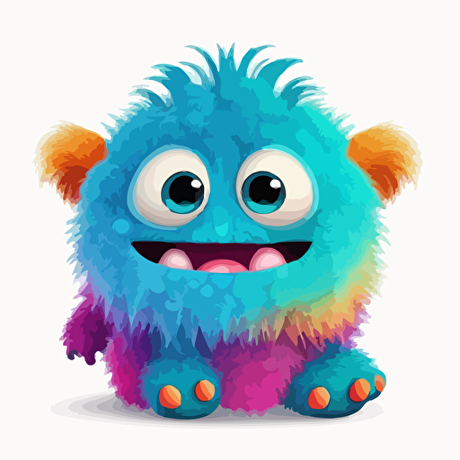 A saturated colorfull baby fur monster, goofy looking, smiling, white background, vector art , pixar style