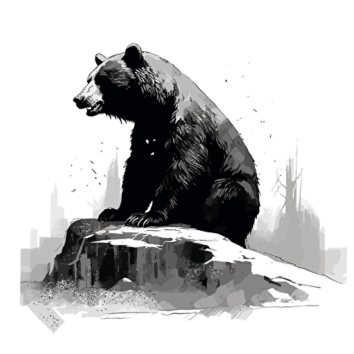 Grizzly bear eating a large chicken leg, black illustration on white, simple vector, black and white ::vector style