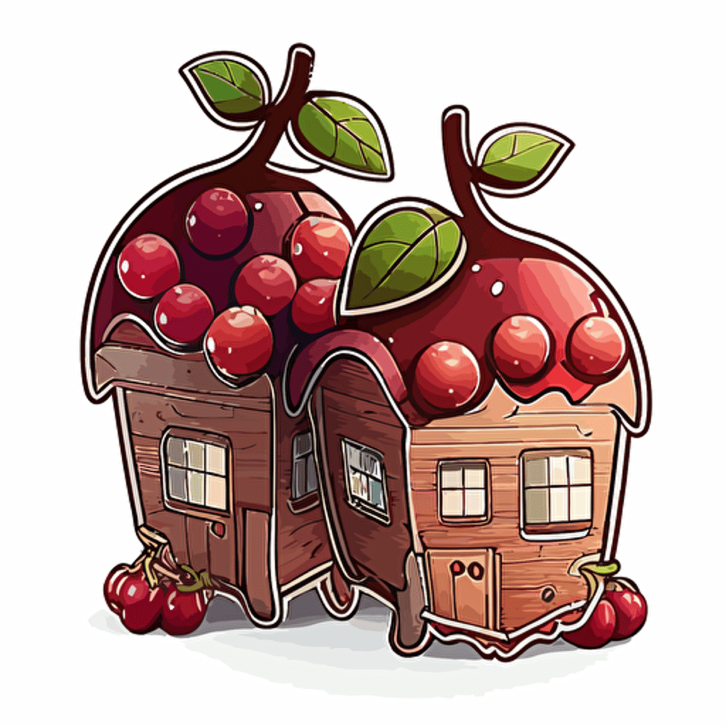 two cranberry fruits merging into a wooden house with flat roof, Sticker, Adorable, Cool Colors, Disney, Contour, Vector, White Background, Detailed