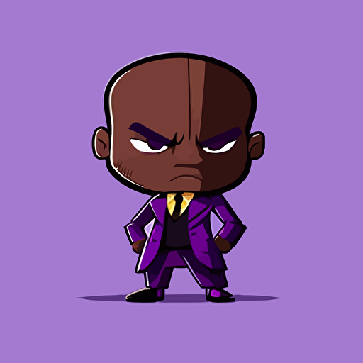 killer in a purple suit with very big head and small legs, black skin, cartoon 2d vector art, brawl stars style
