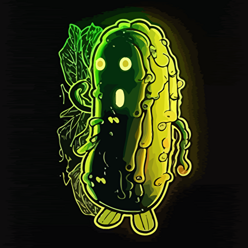 Pickle, sticker, triumohant, neon, anime, contour, vector, black background, detailed