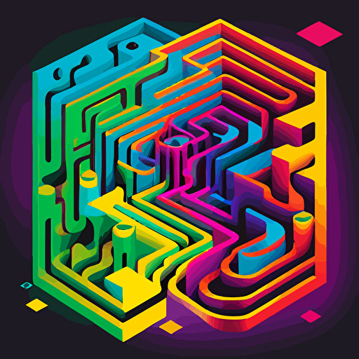 a crazy rainbow space maze , vector illustration, rgb, vibrant colors